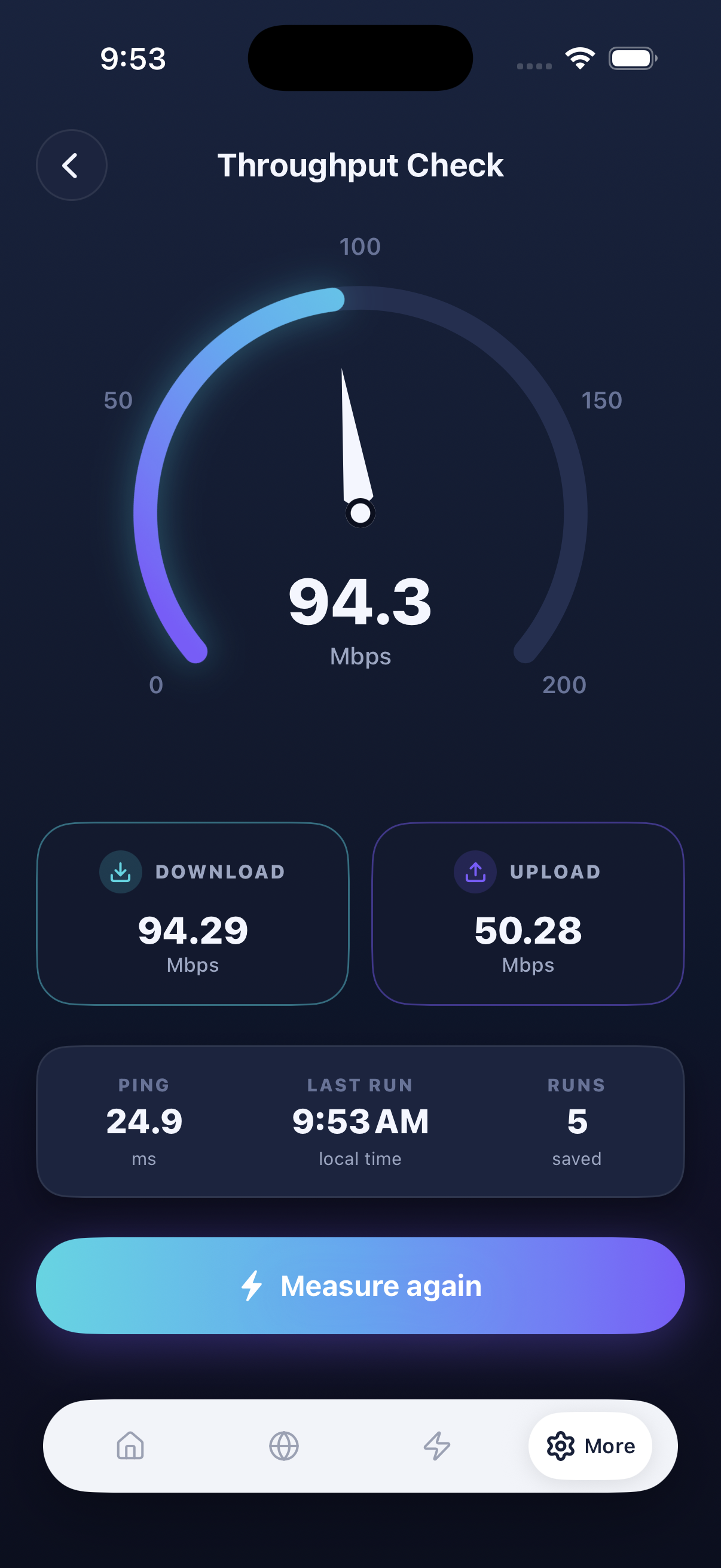 Speed Test screen